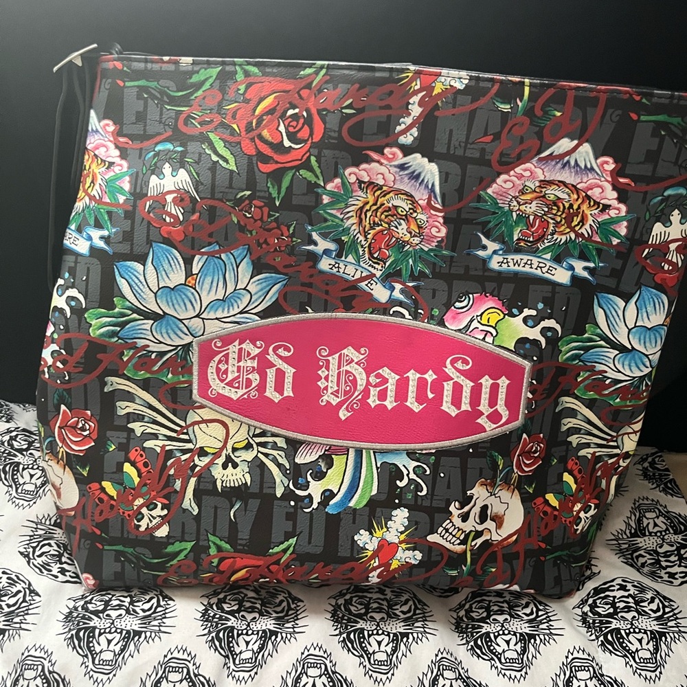 Ed Hardy Black and Red Graphic Cosmetic Bag